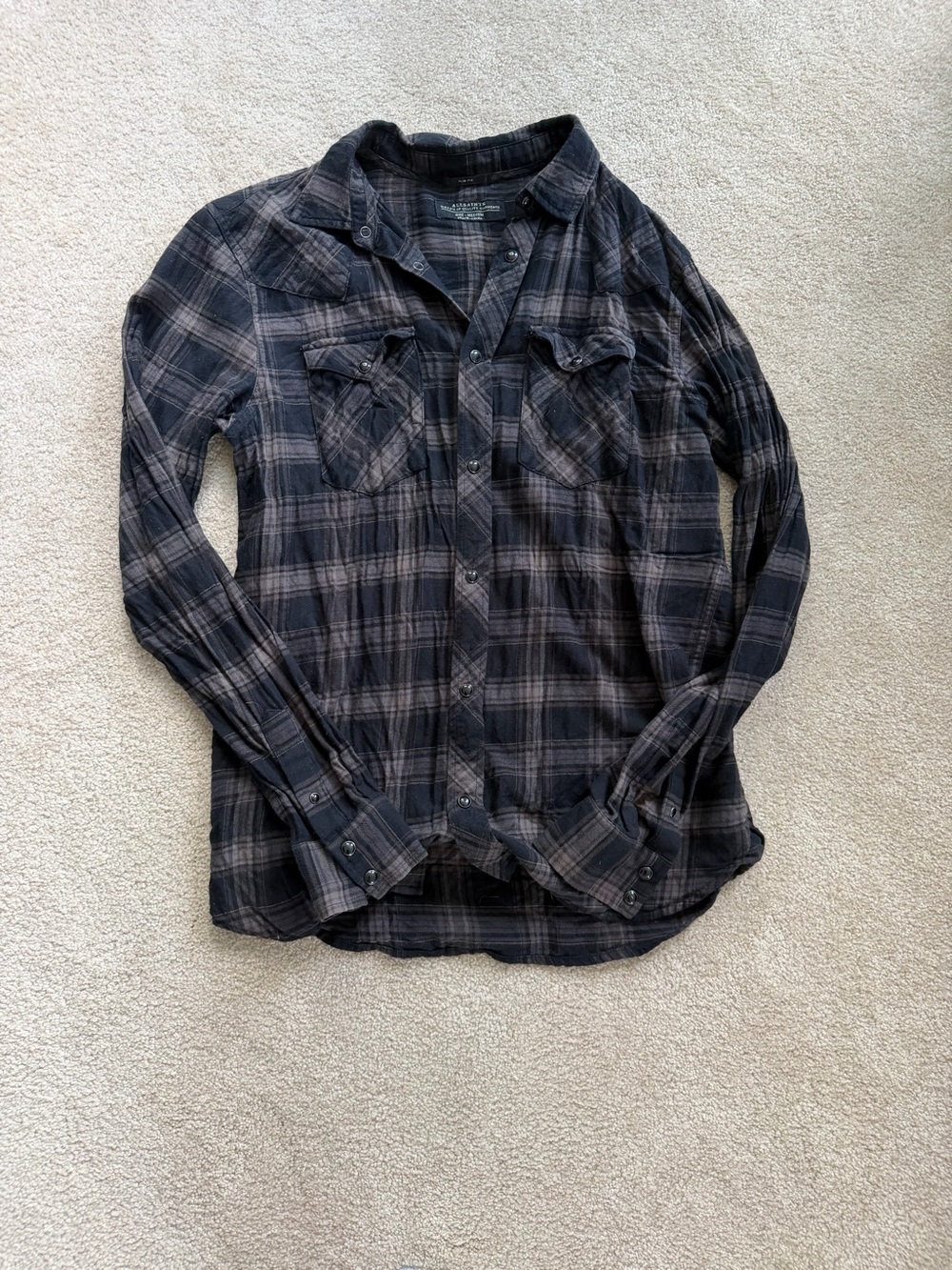 All Saints Men's Black and Gray Plaid Button-Down Shirt